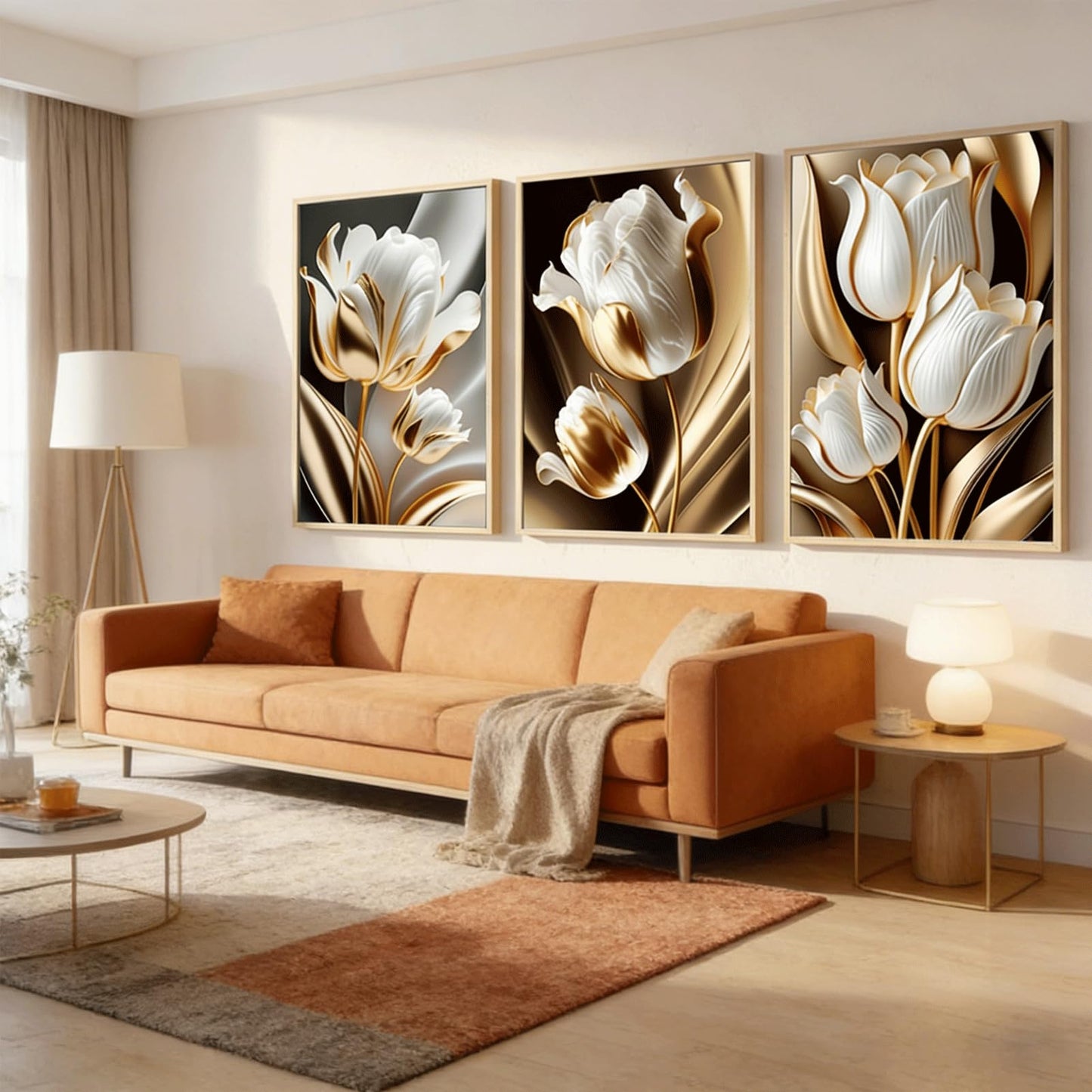 3Pcs Abstract White Gold Floral Wall Art Modern Luxury Minimalism Painting Pictures Wall Decor tulip Plants Posters Prints Artwork for Living Room Bedroom Office Home Decoration 12 x 16in unframed