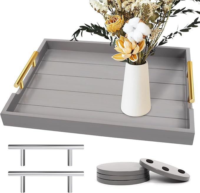 SXNOWS Wooden Serving Tray with 2 Sets of Handles,Large Ottoman Tray for Living Room, Rectangular Wood Tray for Coffee Table, Modern Farmhouse Kitchen Decor, 4 Round Coasters Included,Gray