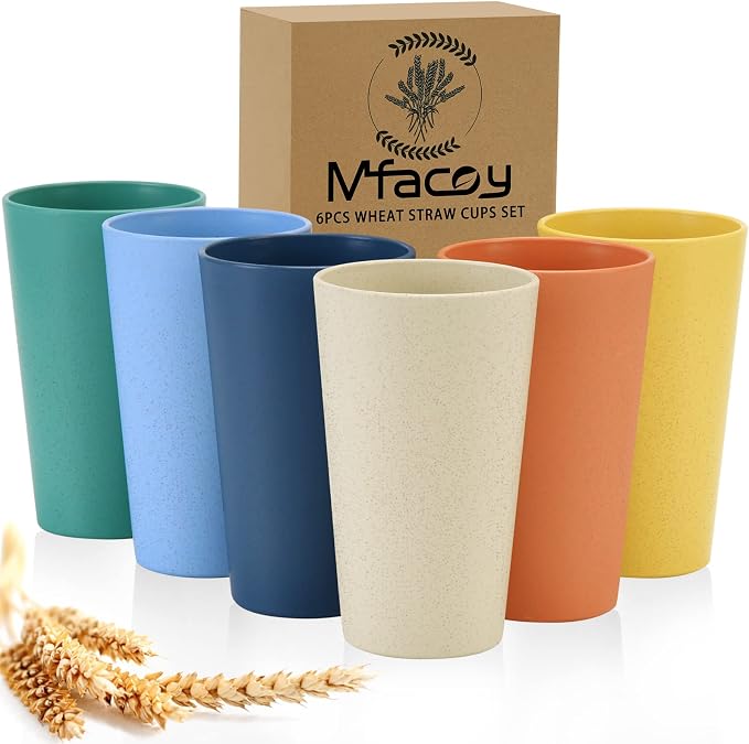 Mfacoy Wheat Straw Cups Set of 6, 20 oz Unbreakable Reusable Stackable Tumbler Water Cup Set for Kitchen, BPA Free, Dishwasher & Microwave Safe, Cups with 6 Colors