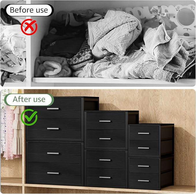 BOLUO Stackable Storage Drawers Narrow Closet Organizers and Storage Fabric Black 2 Drawer Dresser for Bedroom Modern