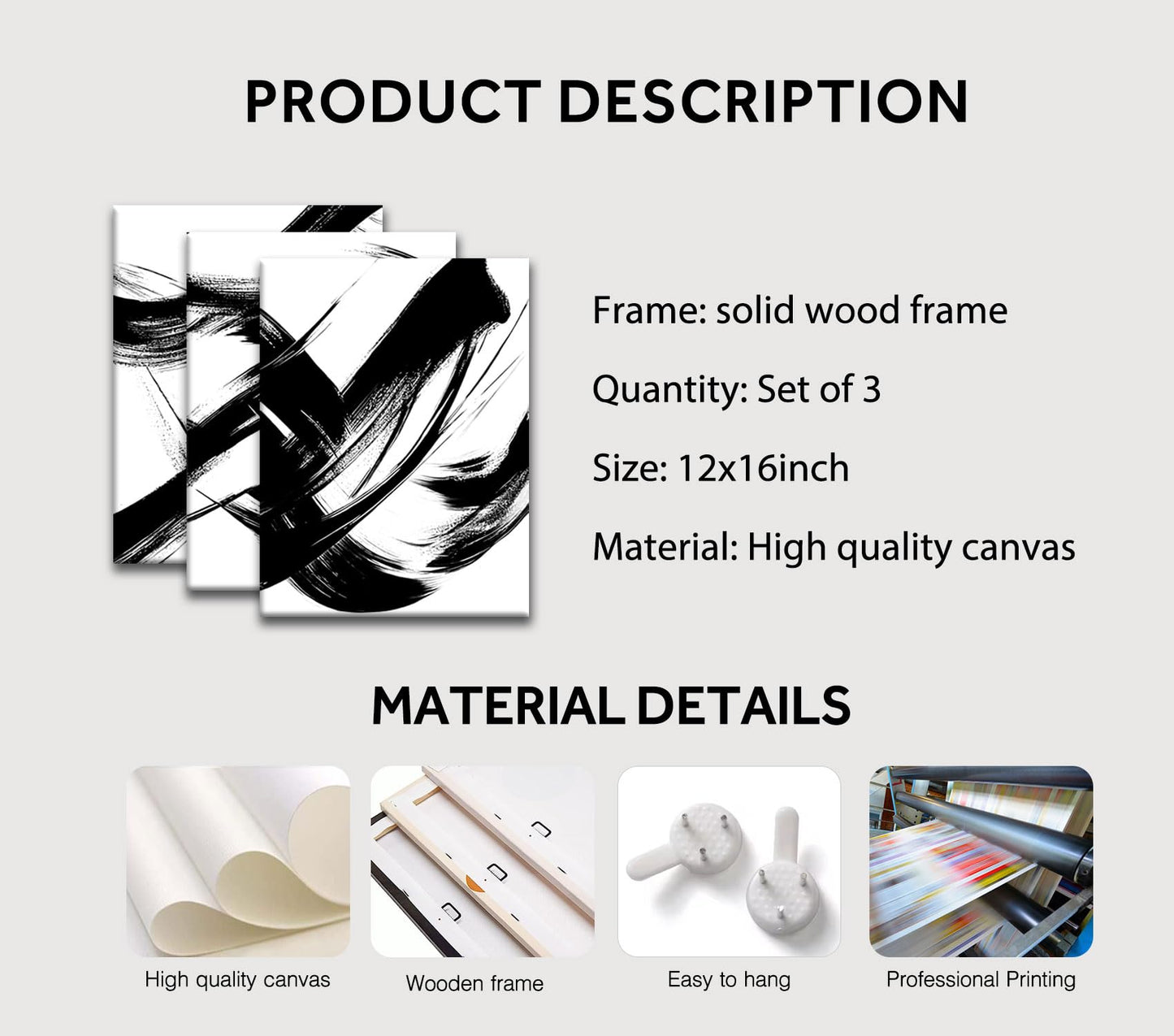 RUURUU 3Pcs Framed Black and White Abstract Wall Art Black Lines Canvas Wall Decor Brush Stroke Pictures Modern Minimalist Gallery Posters Paintings Prints For Living Room Bedroom Home Office 12x16 Inches