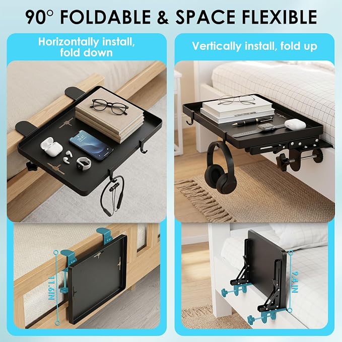 Bedside Shelf Foldable, Heavy Duty Bed Shelf for Dorm Room Bunk Bed & Top Bunk, Metal Clip-On Bedside Table Tray for College Dorm Room Essentials Loft Nightstand Organizer Tray with 3 Cord Hole