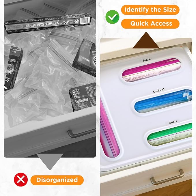 OUTXE Bag Organizer for Drawer + Fridge, Magnetic Kitchen Baggie Storage | Pantry Organization for Ziplock Plastic Food Bags | Compatible with Snack Sandwich Quart Gallon (White)