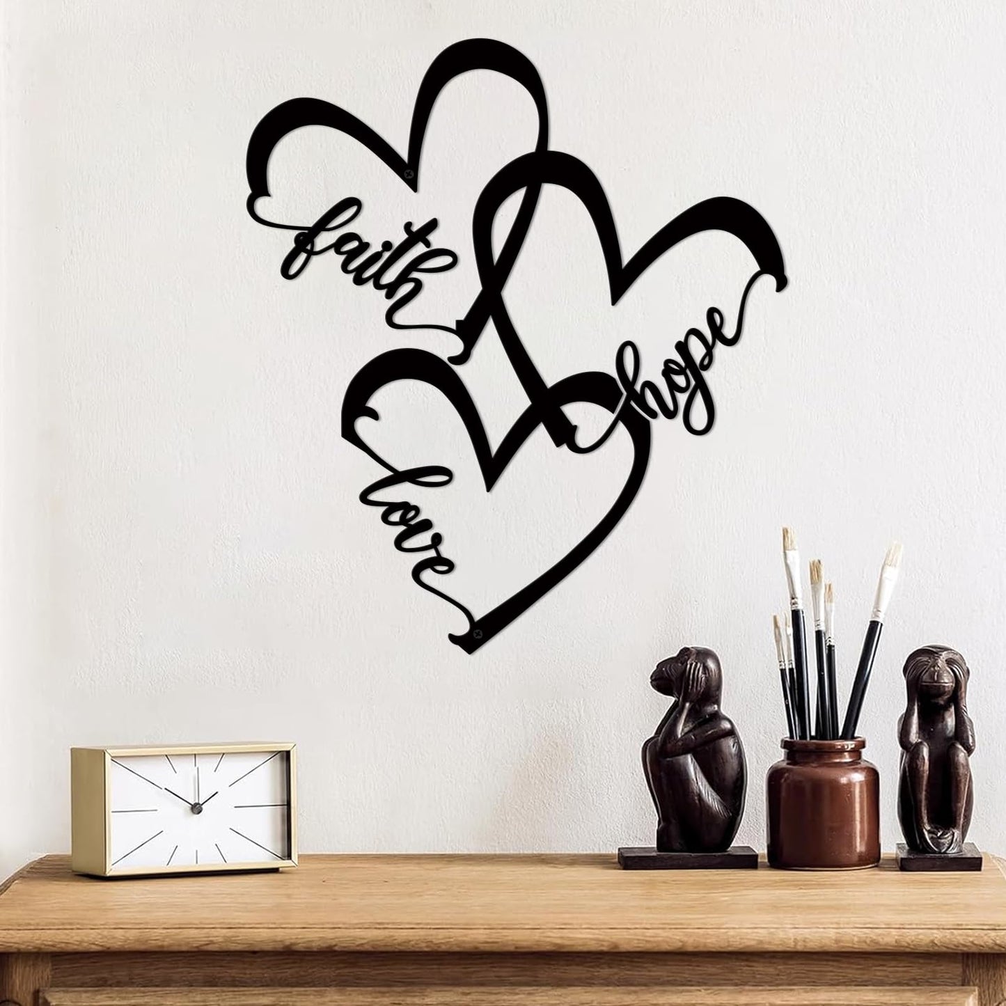 ShxTrade Metal Heart Wall Art Decor,Black Faith Hope Love Metal Sign Rustic Farmhouse Family Wall Sculpture Hanging for Home Living Room Bedroom Wedding Decoration