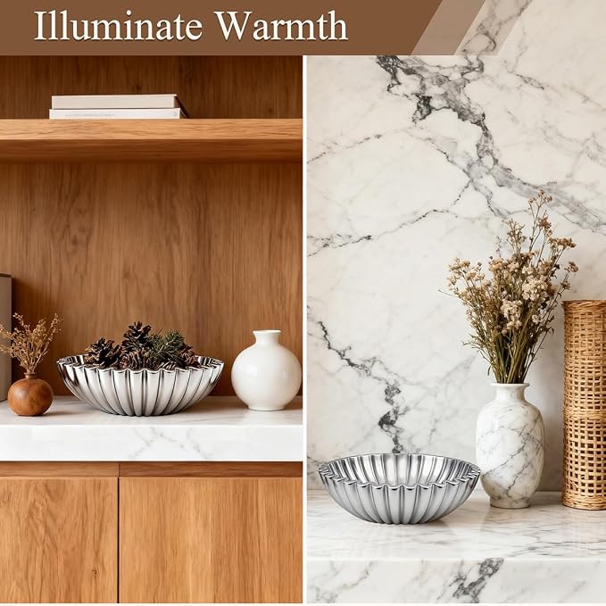 Large Modern Ruffle Bowls, Artificial Stone Decorative Catch All Bowl for Kitchen Counter and Entryway Table, Handcrafted Fruit Bowls and Key Bowl for Home Decor（Silver