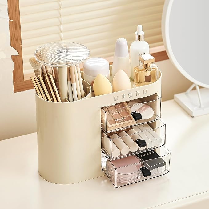 UFORU Makeup Organizer with Pop-Up Brush Holder for Dresser Vanity, Plastic Bathroom Counter Organizer with 3 Drawers & Dust-Proof Cover, Cosmetic Display Case for Lipstick, Skincare, Cream White