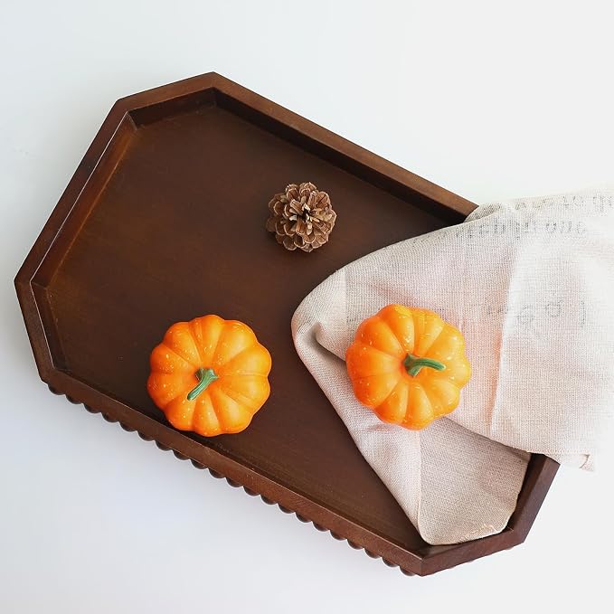 Hrastany Retro Brown Wood Serving Tray with Beads, Farmhouse Decorative Tray for Table Centerpiece, Christmas Wedding Halloween Home Decor