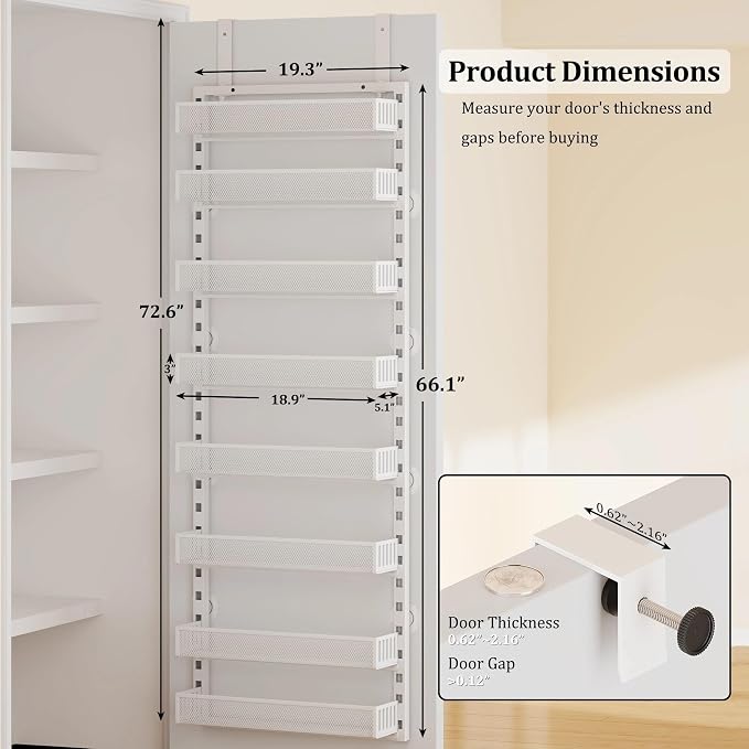 Over the Door Pantry Organizer, 8-Tier Over the Door Spice Rack with Adjustable Baskets, Wall-Mounted or Hanging Shelves for Kitchen, Laundry Room, Bathroom(White, 19.3"W x 5.2"D x 72.6"H)