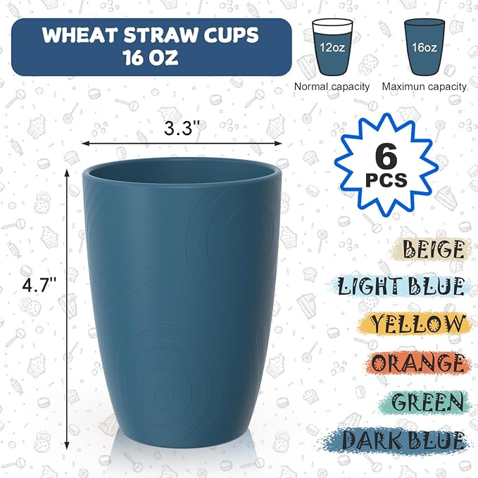 Wheat Straw Cups, Plastic Cups Reusable, Unbreakable Drinking Glasses Set of 6, Plastic Cups for Kitchen Camping Outdoor, 16 OZ Dishwasher Safe Tumblers & Water Glasses, Multi