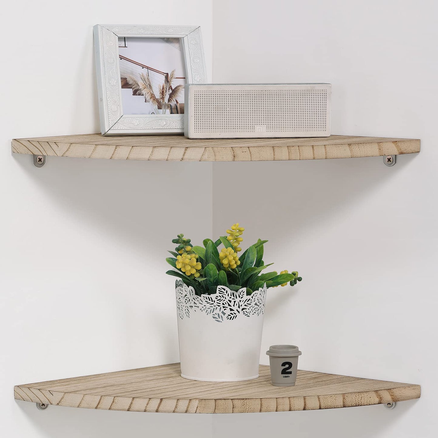 JORIKCHUO 10 inch Corner Wall Shelf, Set of 2 Solid Wood Corner Floating Shelves for Wall, Round End Wall Mounted Floating Corner Shelf for Bedroom, Living Room and Kitchen (Carbonized-10 inch)