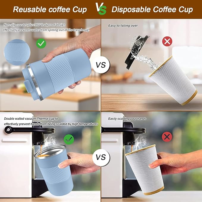 YINBAOGE Insulated Travel Coffee Mug, Spill & Leak Proof, Portable To Go Camping Stainless Steel Coffee Tumbler, Reusable Thermal Coffee Cup with Lid for Hot & Cold Drinks (Light blue, 17 OZ)
