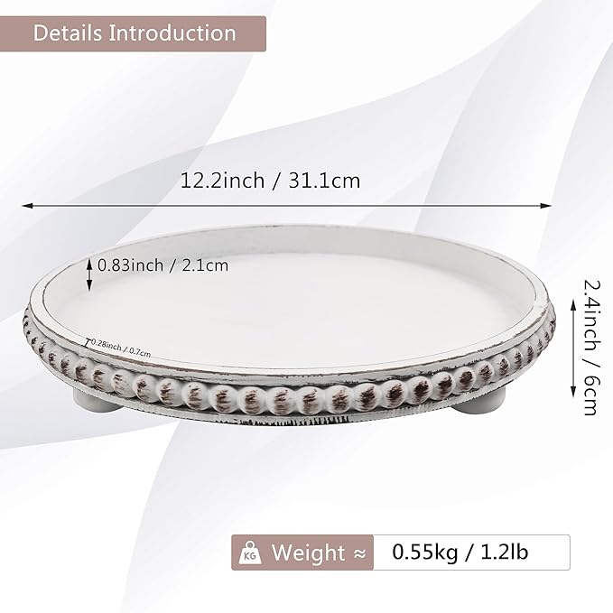 FramePro Decorative Tray 12in Round Wood Beaded - Rustic White Serving Tray Risers for Living Room, Coffee Table, Kitchen or Farmhouse Display