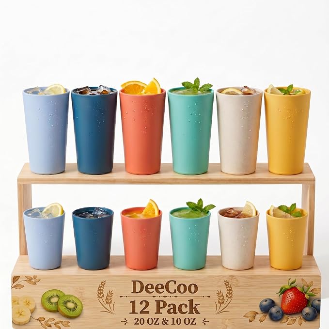 12 Pack Premium Wheat Straw Cups, 6 Pcs 20 oz & 6 Pcs 10 oz Unbreakable Drinking Cups, Alternative to Plastic Cups Sets, Reusable Water Glasses Tumbler, Microwave & Dishwasher Safe, Bpa Free, 6 Colors