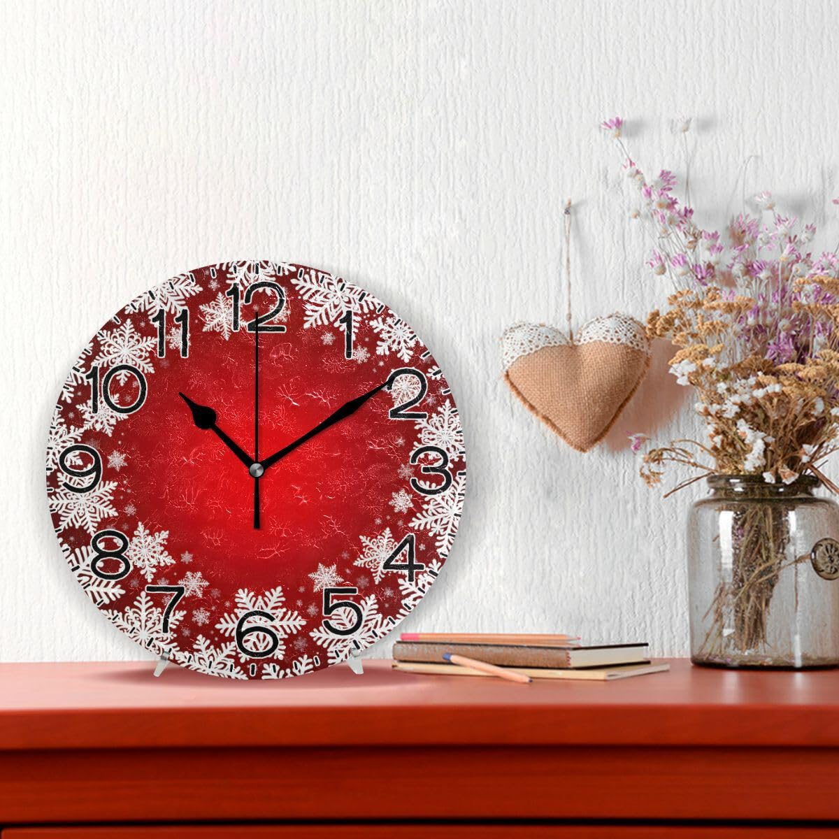 ALAZA Christmas White Snowflakes on Red Wall Clock Battery Operated Non Ticking Silent Quartz Analog Rustic Farmhouse Round Clock Retro Decor for Home Kitchen Living Room Bathroom