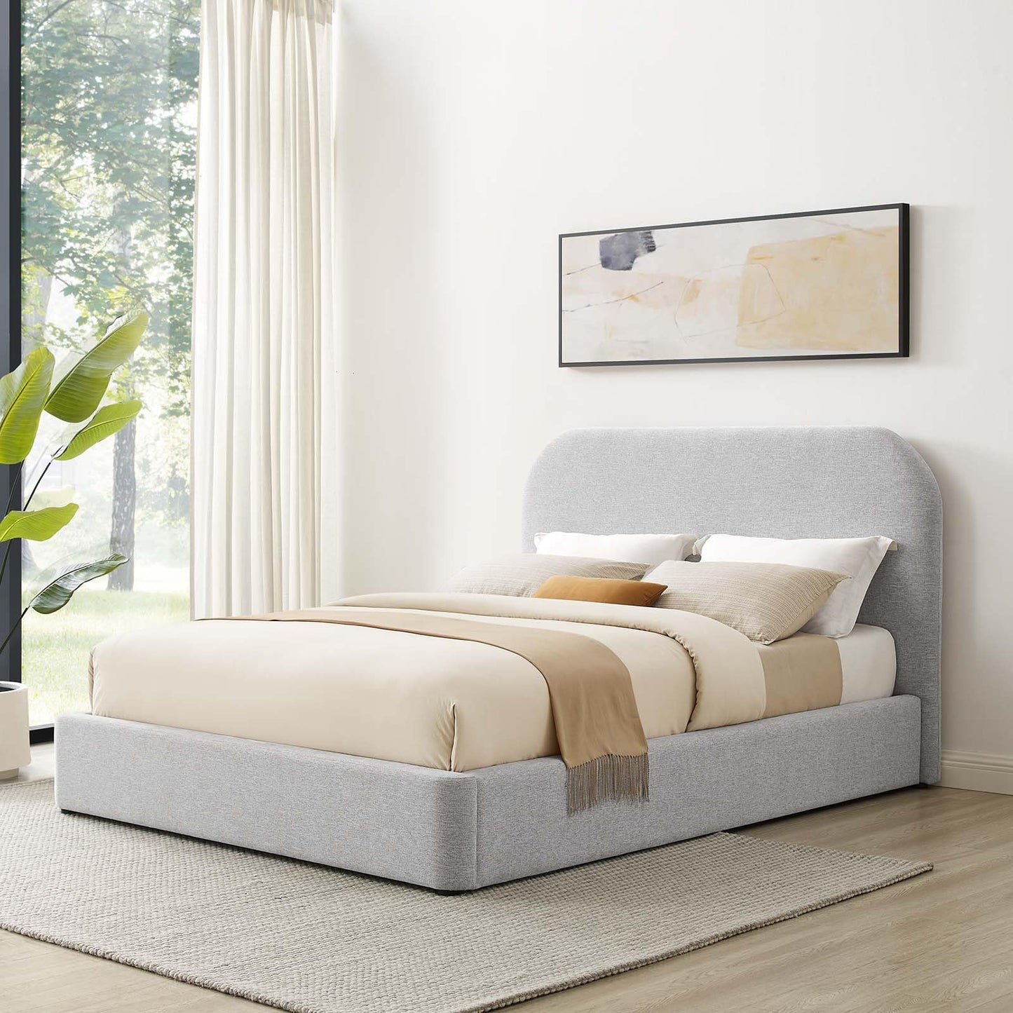 Modway Keynote Modern Queen Bed Frame with Curve Shaped Headboard in Heathered Weave Light Gray, Woven Heathered Fabric Upholstery, Queen Size Platform Bed, Soft Cloud Bed Frame, No Box Spring Needed