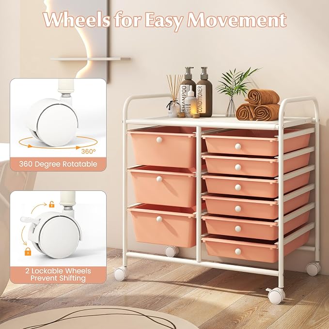 LDAILY 9 Drawer Rolling Storage Cart, Rolling Cart with Drawers for Classroom, Art Supply Craft Organizer on Wheel with Metal Frame & Handles for Home Office School