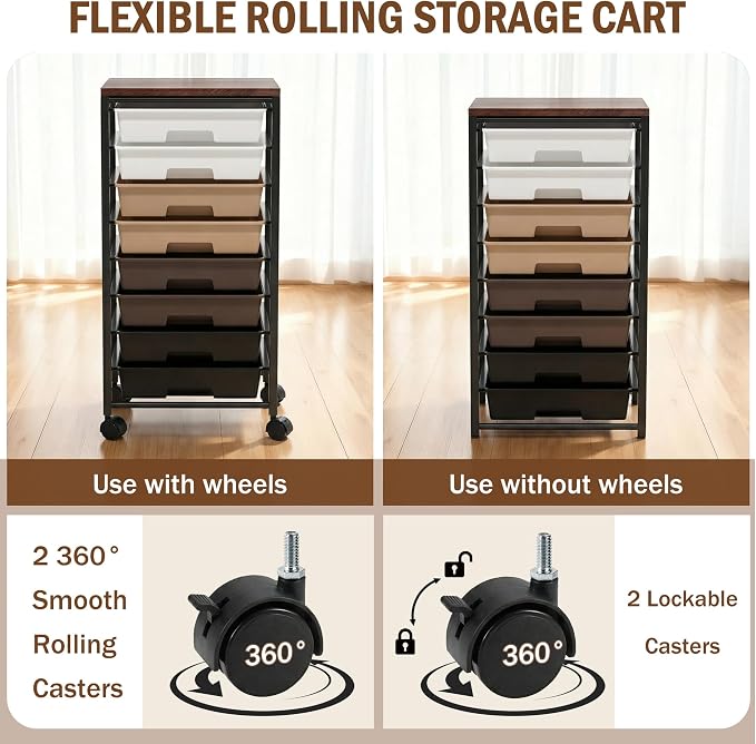 Rolling Cart with 8 Drawers, Storage Drawers Cart with Wooden Tabletop and Lockable Wheels, Craft Storage for Living Room, Office, Classroom, Craft Room, Bedroom (Brown)