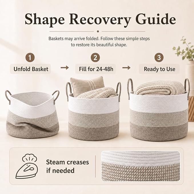 JMvicyroam 115L Extra Large Blanket Basket for Living Room - Woven Cotton Rope Laundry Hamper with Reinforced Handles - Storage Bin for Pillows, Comforters & Toys - Machine Washable,White&Brown Mix