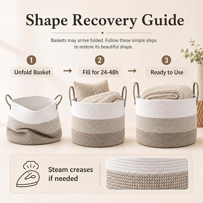 JMvicyroam 65L Extra Large Blanket Basket for Living Room - Woven Cotton Rope Laundry Hamper with Reinforced Handles - Storage Bin for Pillows, Comforters & Toys - Machine Washable,White&Brown Mix