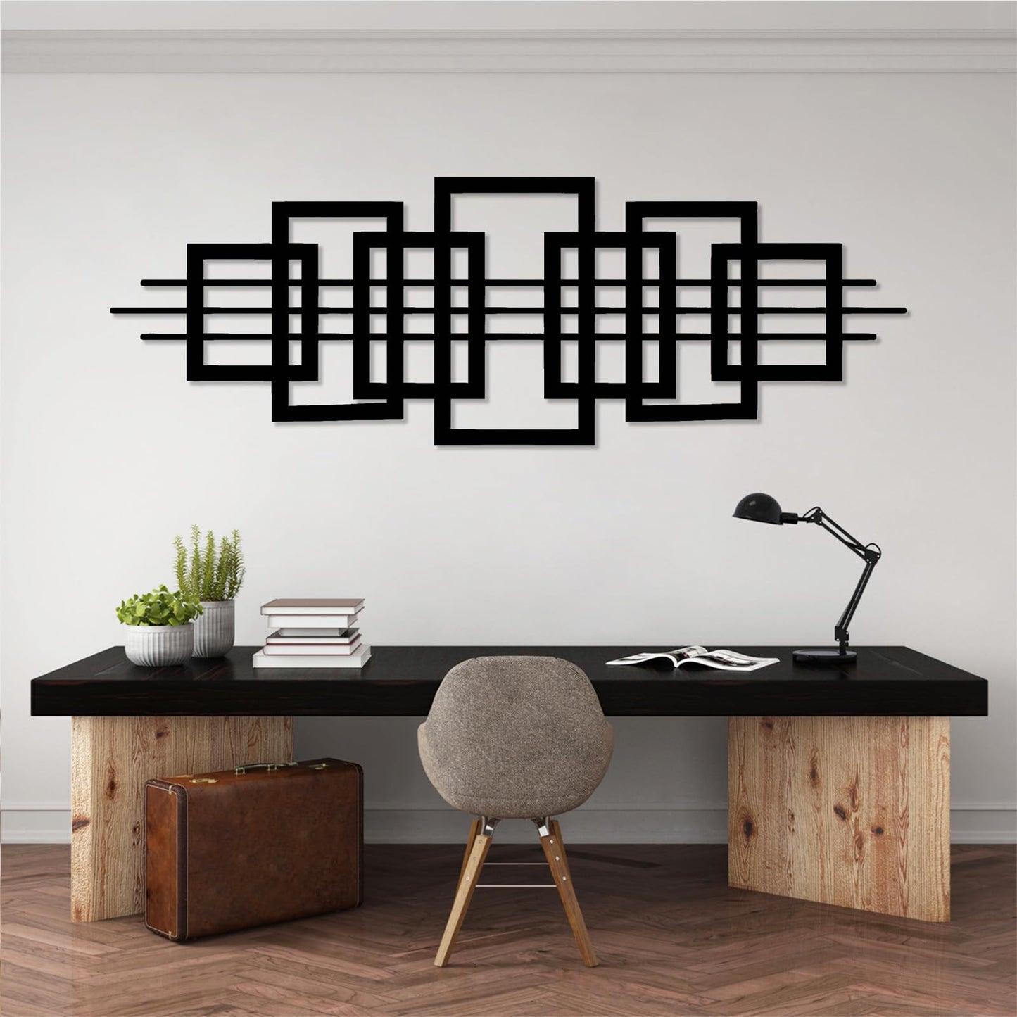 Square Metal Wall Art, Luxury Modern Metal Wall Art, Geometric Square Metal Wall Hanging, Abstract Wall Art, Geometric Wall Art, Office Living Room Decor, Housewarming Gift (12"x35"|30x90cm, White)