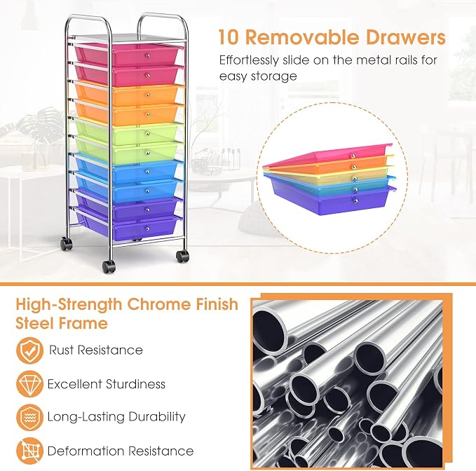 MEDIMALL 10 Drawers Rolling Storage Cart, Multipurpose Craft Storage Cart with Wheels, Mobile Tools Scrapbook Paper Organizer Cart for Office School Home Use (Rainbow)