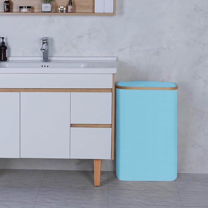 Slim Laundry Basket,60L Laundry Hamper with Lid, Tall Hamper for Laundry,Dirty Cloth Hamper with Bamboo Handle for Toys,Towels, Clothes Organizing, Light Blue