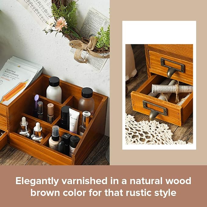 Wooden Farmhouse Makeup Vanity Tray - Rustic Skincare & Perfume Organizer - Bathroom Countertop Storage Box