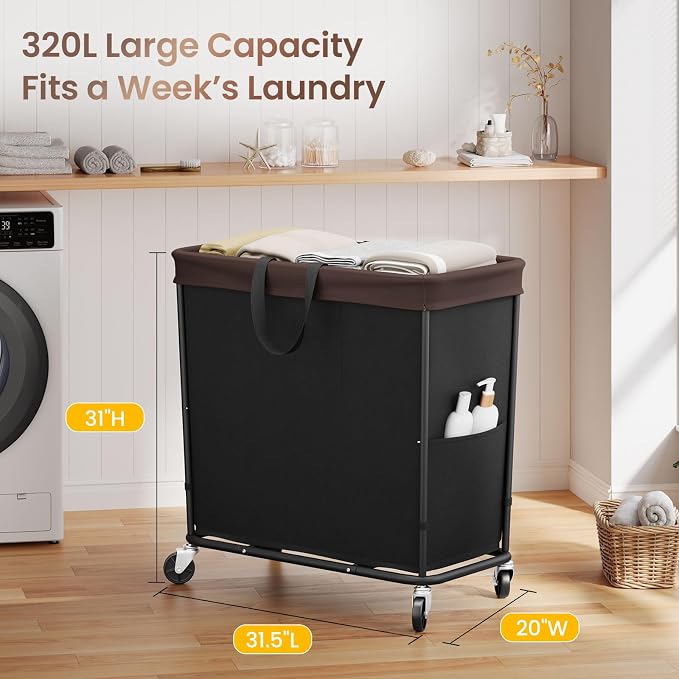 320L Laundry Basket with Wheels, 3-Section Rolling Hamper for Laundry, Extra Large Laundry Hamper with Wheels, Clothes Hamper Rolling Laundry Basket for Home, Bathrooms and Dorm(Black)