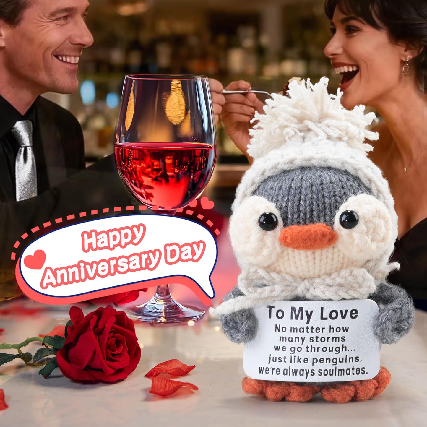YBSUCLD Handmade Crochet Penguin Gift Set for Boyfriend Girlfriend, Wife Husband, Beloved Lover & Couples - Romantic I Love You Present for Valentine's Day, Wedding Anniversary & Birthday
