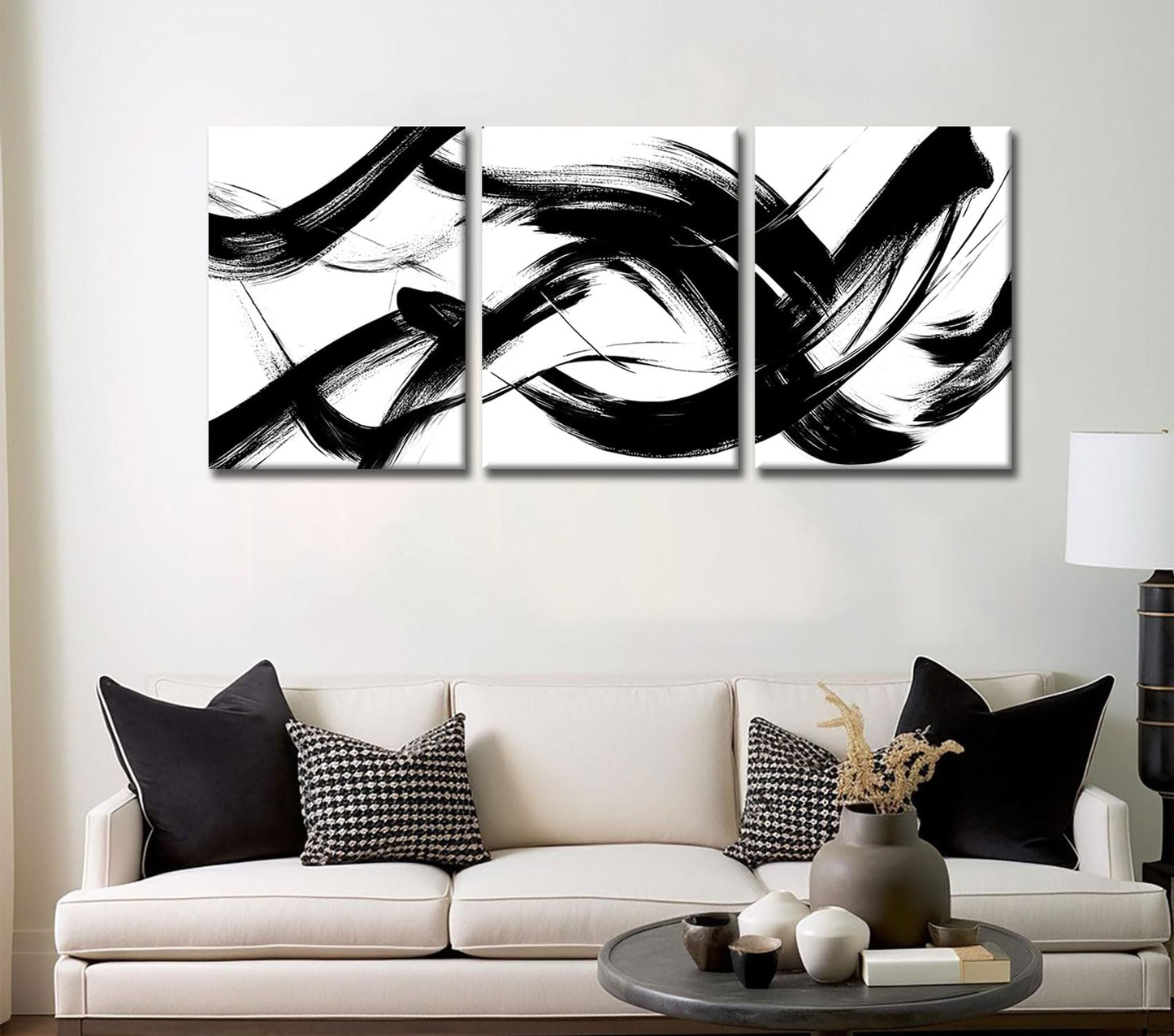 RUURUU 3Pcs Framed Black and White Abstract Wall Art Black Lines Canvas Wall Decor Brush Stroke Pictures Modern Minimalist Gallery Posters Paintings Prints For Living Room Bedroom Home Office 12x16 Inches
