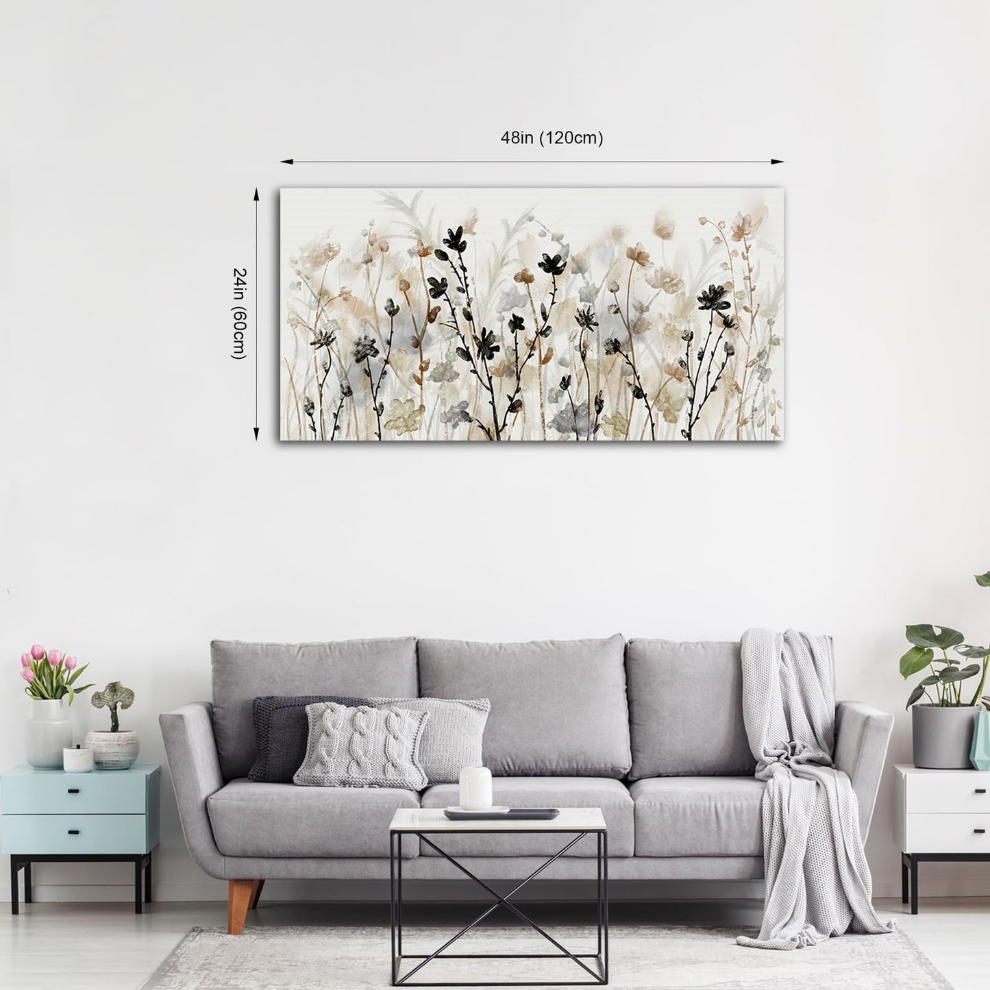 Framed Flower Canvas Wall Art Abstract Grey Cream Brown Wildflowers Canvas Pictures Landscape Artwork Canvas Prints for Home Living Room Bedroom Kitchen Office Wall Decor Ready to Hang 24"x 48"