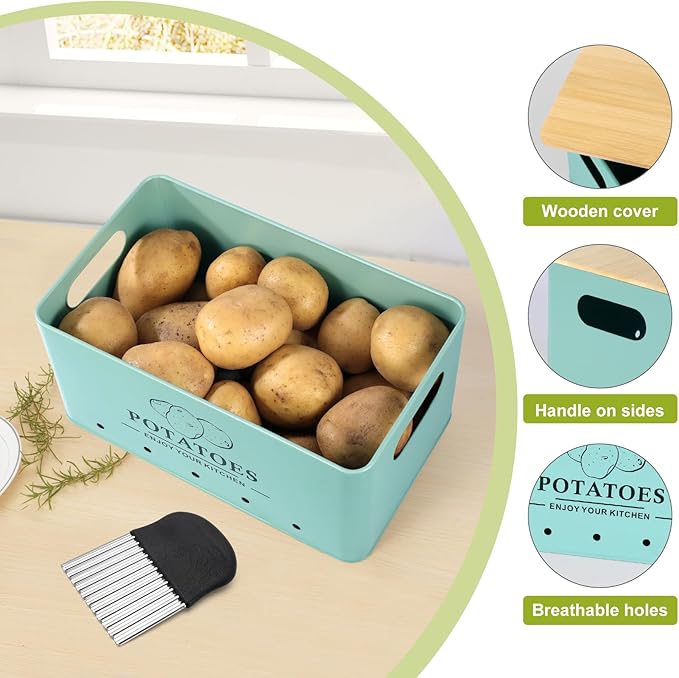 Kitchen Vegetable Storage Set of 3, Metal Onion Garlic Potato Storage Set, Kitchen Canisters Vegetable Keeper Containers with Aerating Holes and Bamboo Lid，Blue
