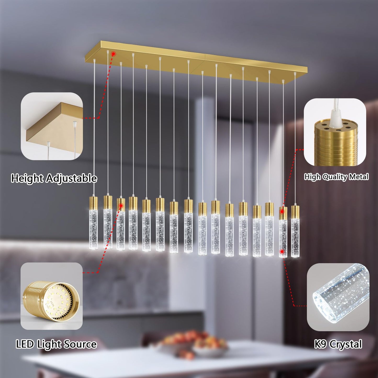 dolria 16-Lights Modern Crystal Rectangular Chandeliers LED Pendant Light for Kitchen Island High Ceiling Chandelier for Dining Room Entrance Foyer Living Room Gold
