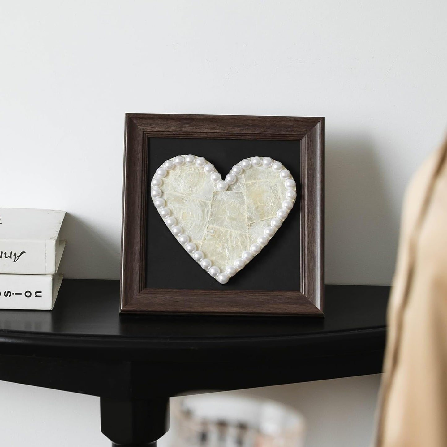 Handcrafted Heart-Shaped Seashell Wall Art with Pearl Border – Decorative Romantic Framed Shell Heart for Home, Wedding, and Gift