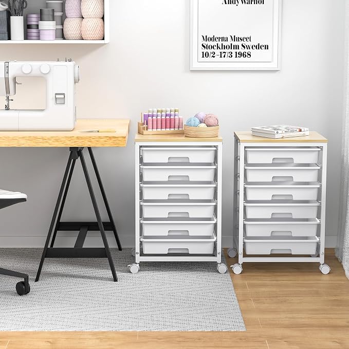 SYKIARIOL Rolling Cart with Drawers,Utility Cart with 6 Drawers,Rolling Storage Cart with Drawers and Wooden Tabletop & Lockable Wheel,White