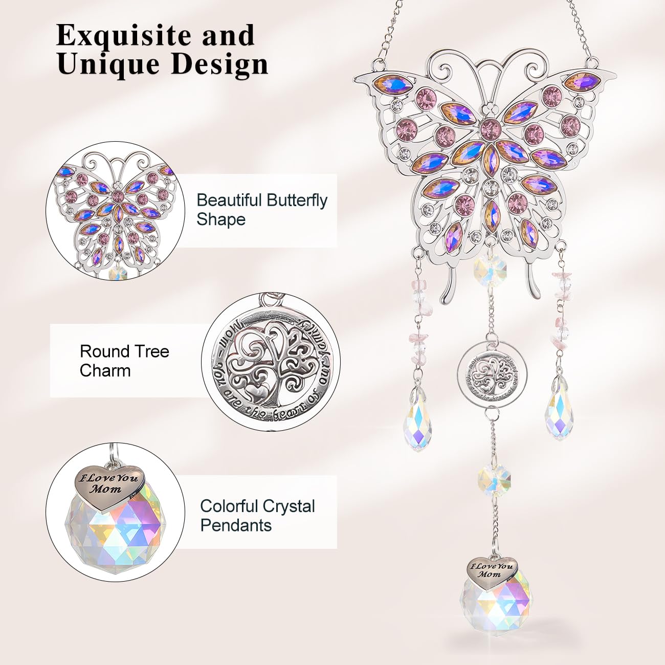 Emibele Mother's Day Crystal Suncatcher Gifts for Mom, Butterfly Suncatcher with Heart Charm I Love You Mom, Hanging Butterfly Home Window Decoration, Birthday Gifts for Women, Silver