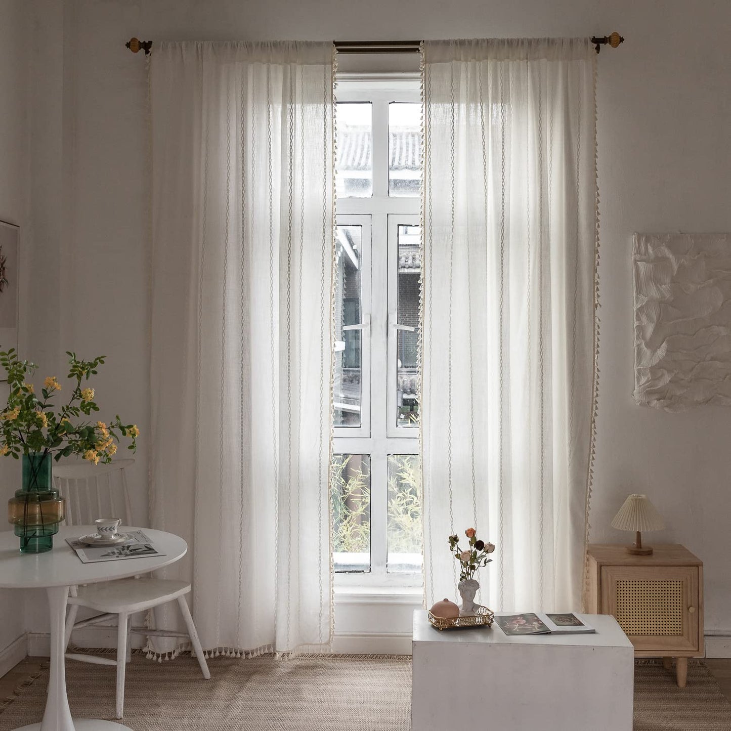 BCLBUSTE Boho Curtains - Embroidery Linen and Cotton 63 Inch Length 2 Pannels for Living Room, Cream Off White Light Filtering Farmhouse Curtains with Rod Pocket Draperies 52" W x 63" L