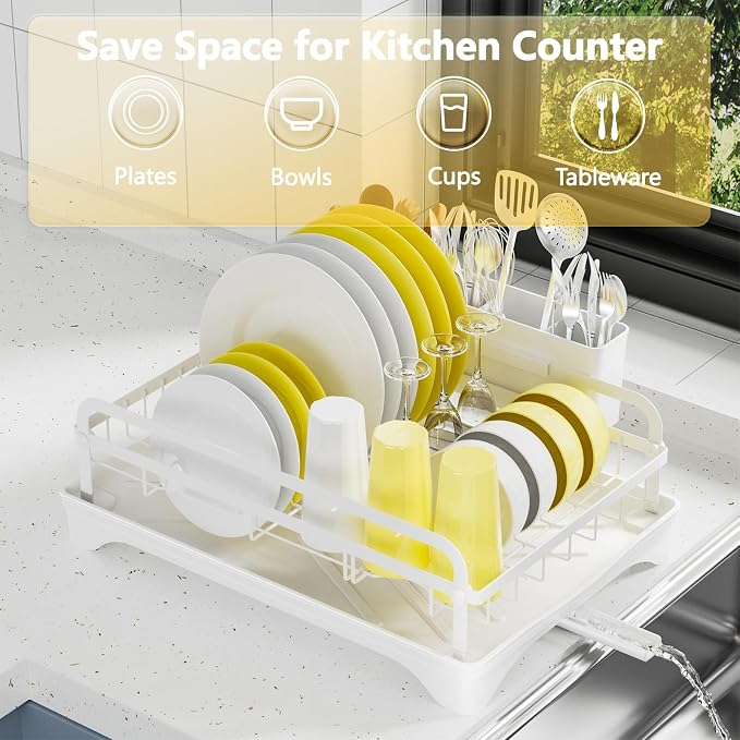 LIYI Dish Drying Rack for Kitchen Counter - Kitchen Dish Rack with Drainboard, Small Dish Drainer with Utensil Holder for Sink, 16.5" D x 11.6" W x 6.6" H, White