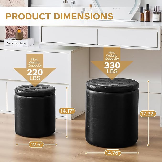 oakvivo Round Ottoman with Storage Set of 2, 12.6" W x 14.17" H & 14.76" W x 17.32" H Faux Footstool Storage Ottomans for Bedroom, Living Room Padded Coffee Table Ottomen, Black