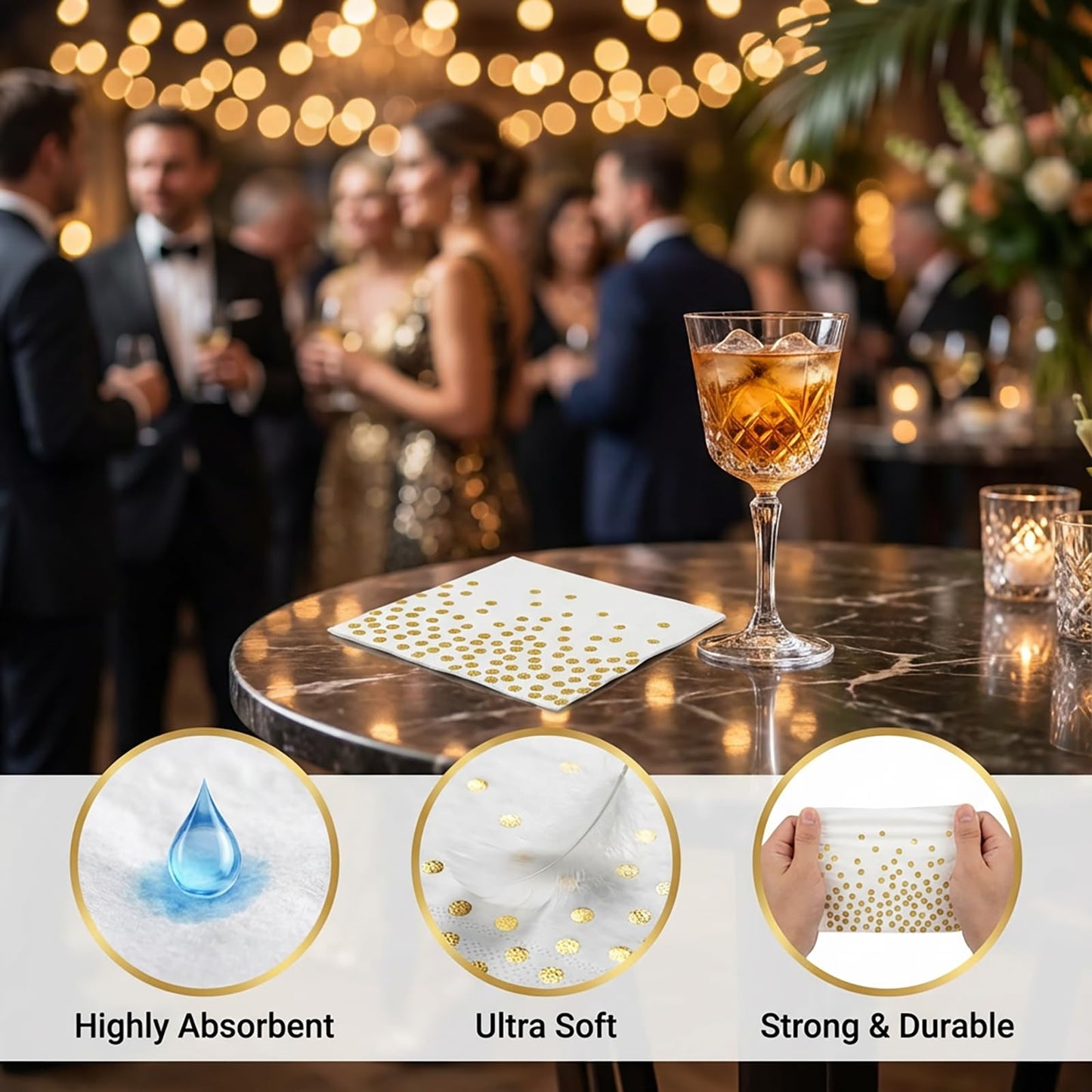 Yinbanban Stylish Paper Napkins 100 Packs,6.5" White Napkins with Gold Polka Dots Design,Great Cocktail Napkins,Dinner Napkins Disposable for Easter Wedding Birthday Party or Daily Use