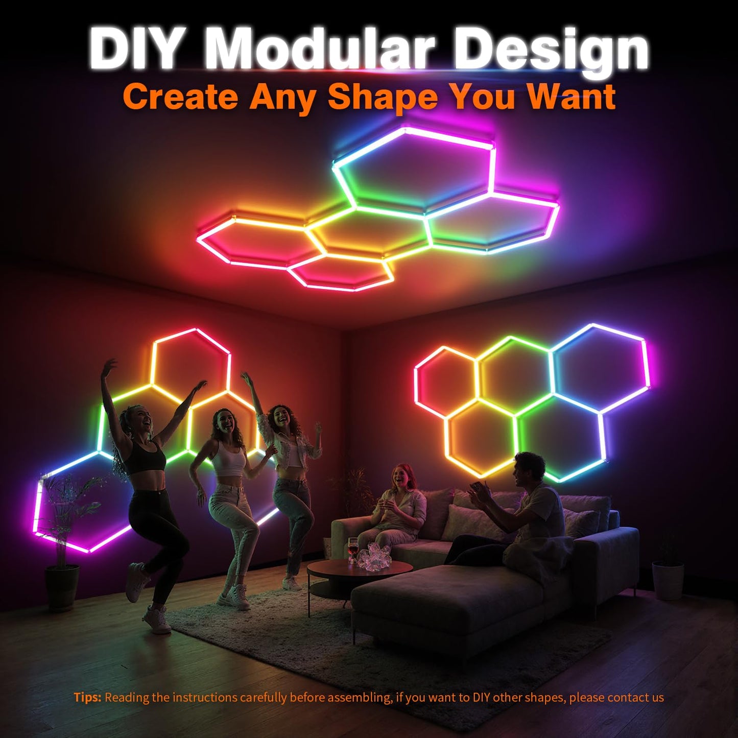 Litezone RGB Hexagon Garage Lights, Music Sync LED Hexagon Lights for Gaming Room, Smart App & Remote Control, DIY Honeycomb Ceiling Light for Studio Gym Basement Deco