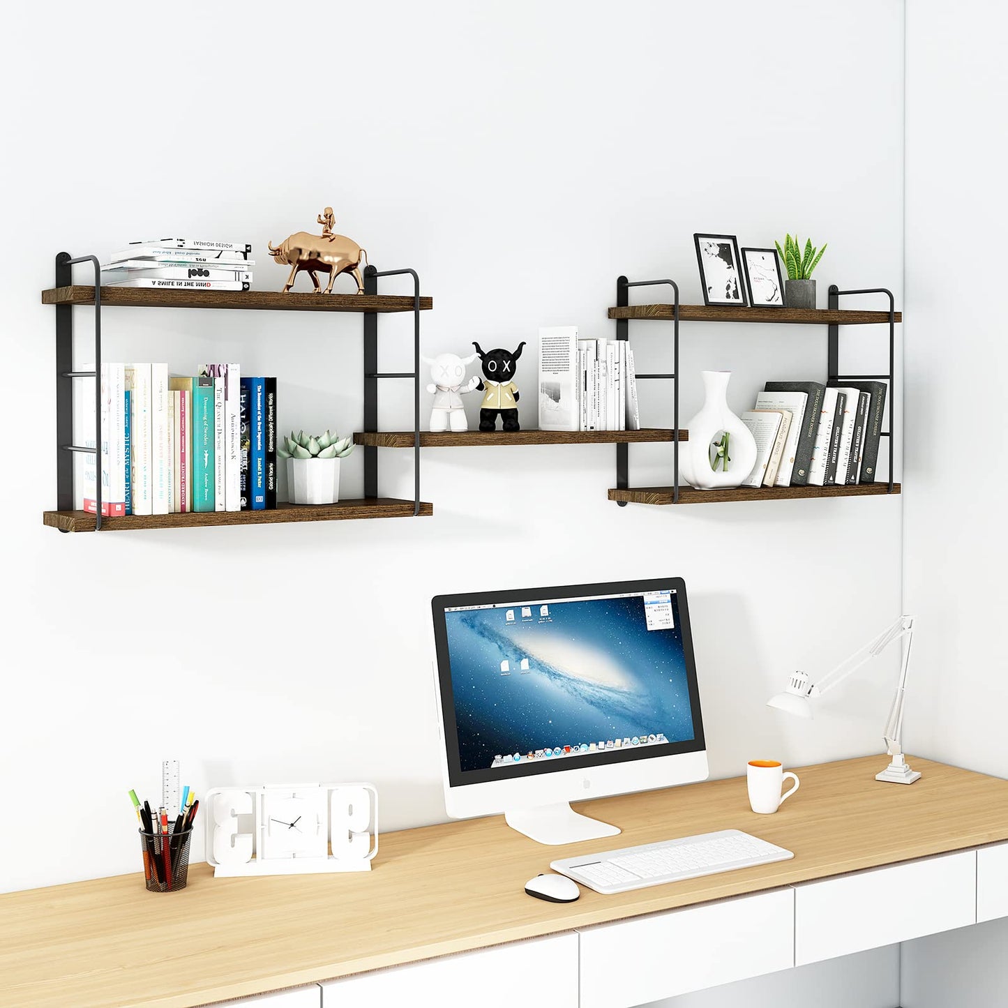 MXCSE Wall Shelves, Wall Mounted Bookshelves, DIY Floating Shelves for Wall, Wood Hanging Book Shelves for Room, Bedroom, Living Room, Easy Installation (Brown, 50W x 17H)