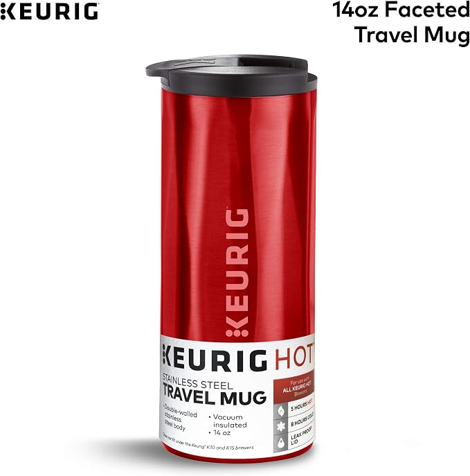 Keurig Coffee Travel Mug, Fits Under Any Keurig K-Cup Pod Coffee Maker, 14 oz, Red