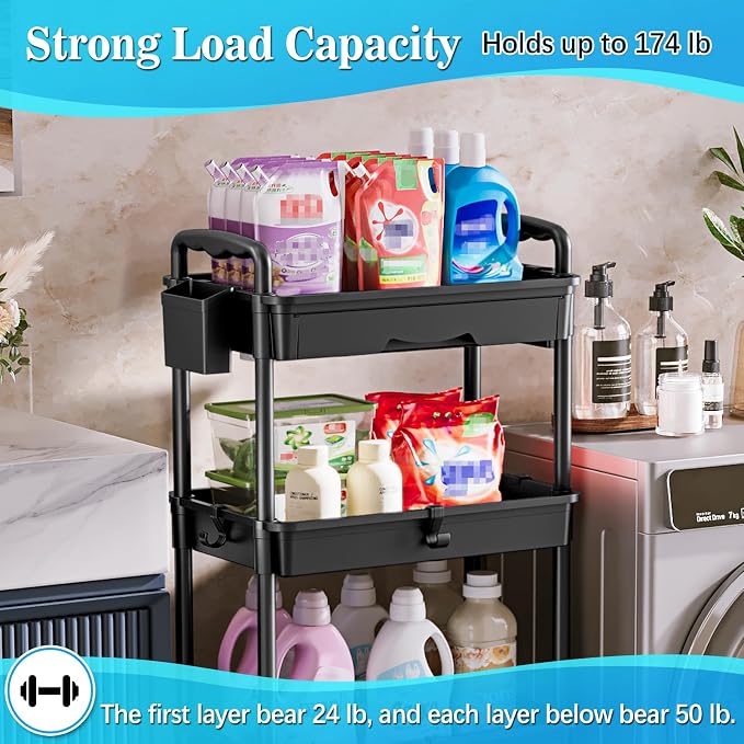 SUNALLY 4 Tier Rolling Utility Cart with Drawer, Storage Organizer Cart with 2 Lockable Wheels, Multifunctional Rolling Storage Cart for Bathroom, Kitchen, Craft, Makeup, Baby Essentials, Black