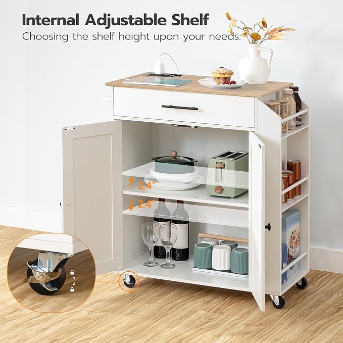 HOOBRO Kitchen Island with Power Outlet, Kitchen Storage Island with Spice Rack and Drawer, Rolling Kitchen on Wheels, for Home, Dining Room, Natural and White WN82UZD01G1
