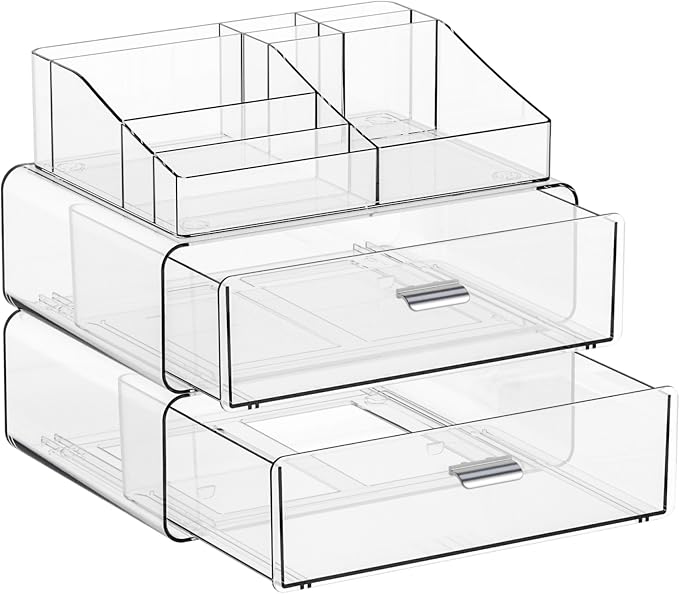 Yieach 3 Tier Clear Acrylic Makeup Organizers with Drawers,Tiered Countertop Make up Storage Organizer for Dresser Top and Bathroom Vanity,Plastic Makeup Stand for Brush,Skincare,Beauty Organizers