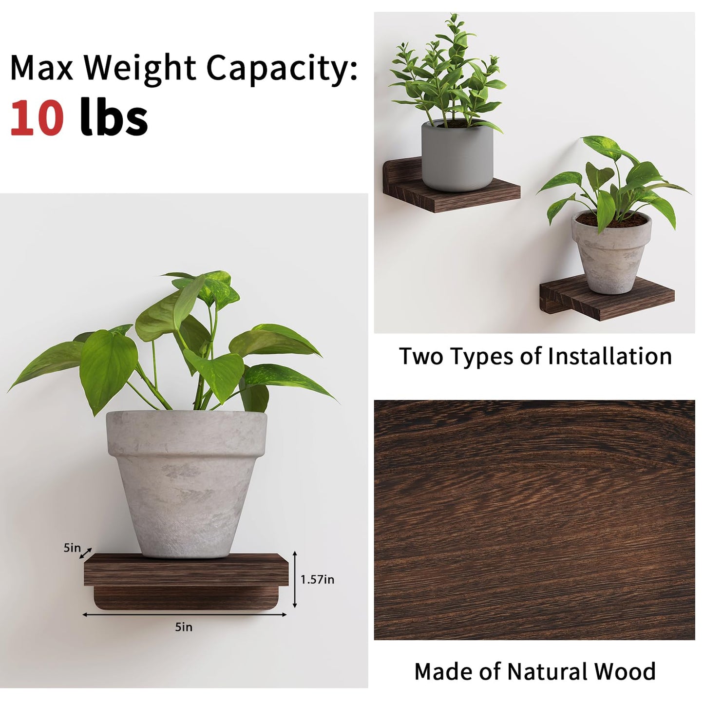 Fixwal Small Shelf for Wall, 5X5 Inches Floating Shelves Set of 4, Rustic Wood Small Wall Mounted Shelves for Bedroom, Living Room, Kitchen, Bathroom Decor (Dark Carbonized Black)