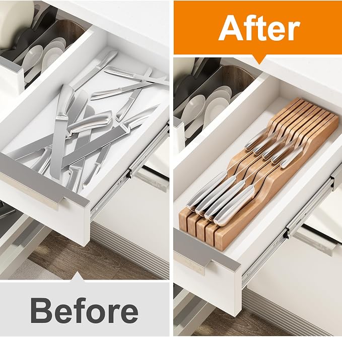 In-Drawer Knife Block Organizer - Bamboo Wood Drawer Knife Organizer-Protecting Knife Organizer Block (Not Included) (Natural, 9 Knives Dock)