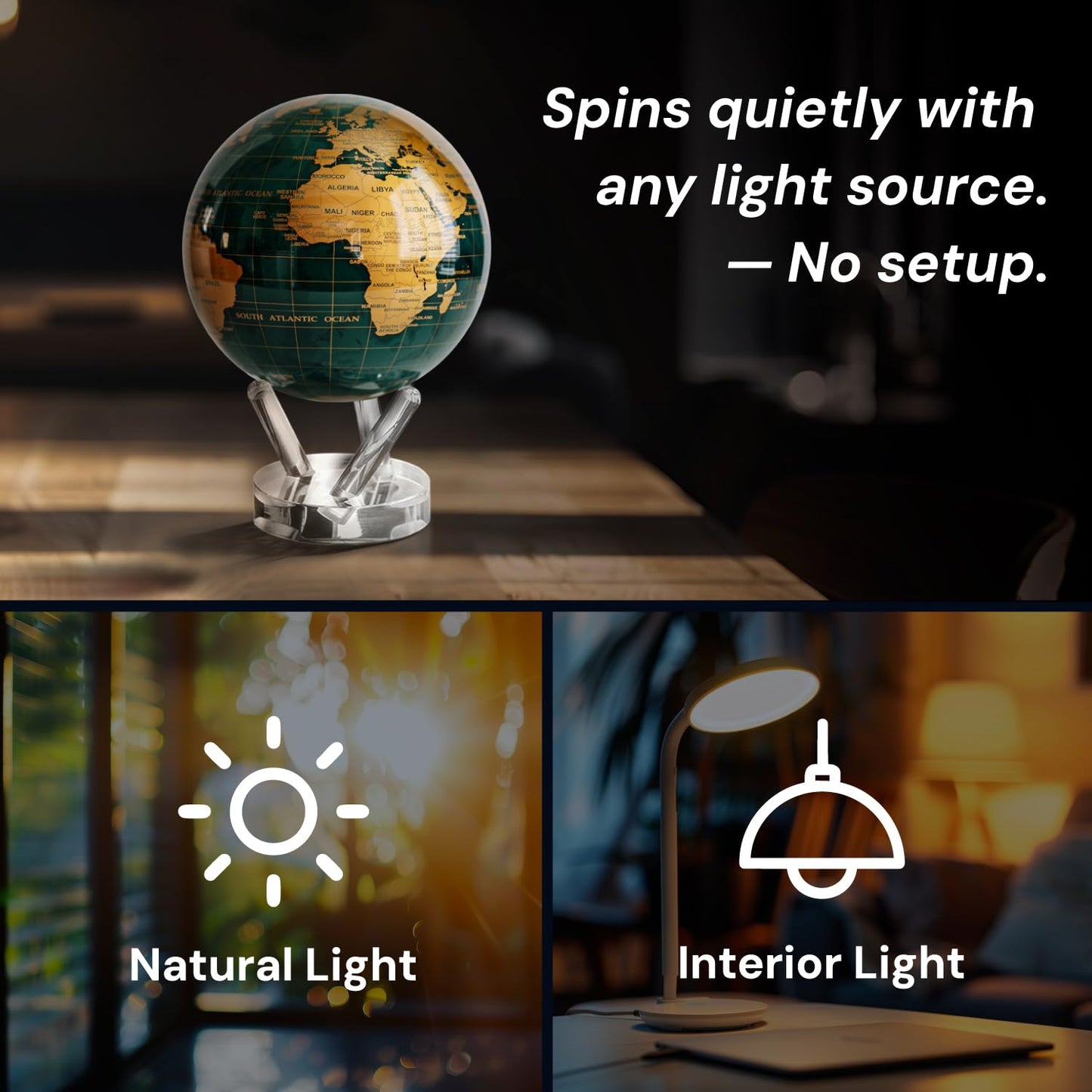MOVA Globe - Emerald Green and Gold Signature (6") | Solar-Powered Motion | No Batteries | Gift for Desk, Home, or Office | Modern Map Accent for Home or Office