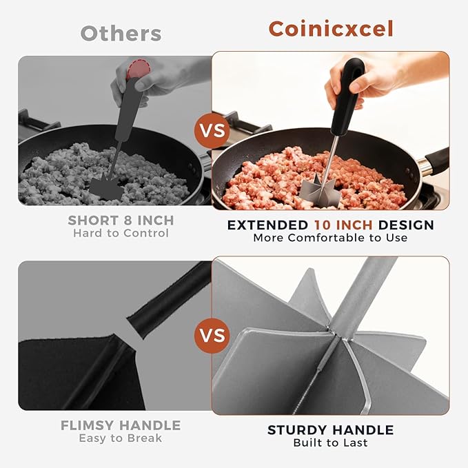304 Stainless Steel Meat Chopper & Masher, Coinicxcel 10 Inch Heat Resistant Ground Beef Chopper Tool with 6 Curve Blades & Ergonomic Non-Slip Handle, Heavy-Duty Hamburger Smasher Tool Dishwasher Safe